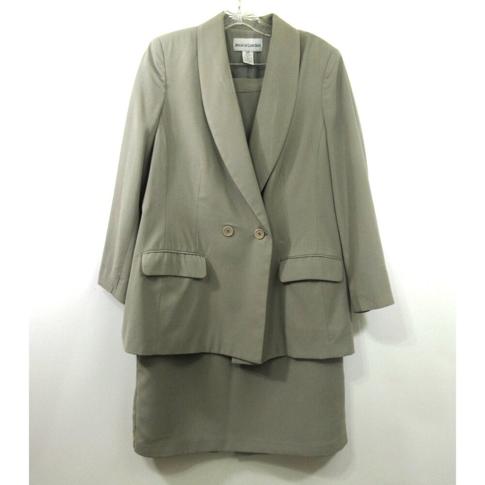 Jessica London Womens 2-PC Suit Blazer Skirt Sz 16W Petite Gray Polyester Career